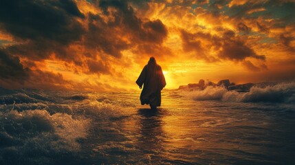 Moses walking on water at sunset, dramatic, warm, sun, christian cross in the background