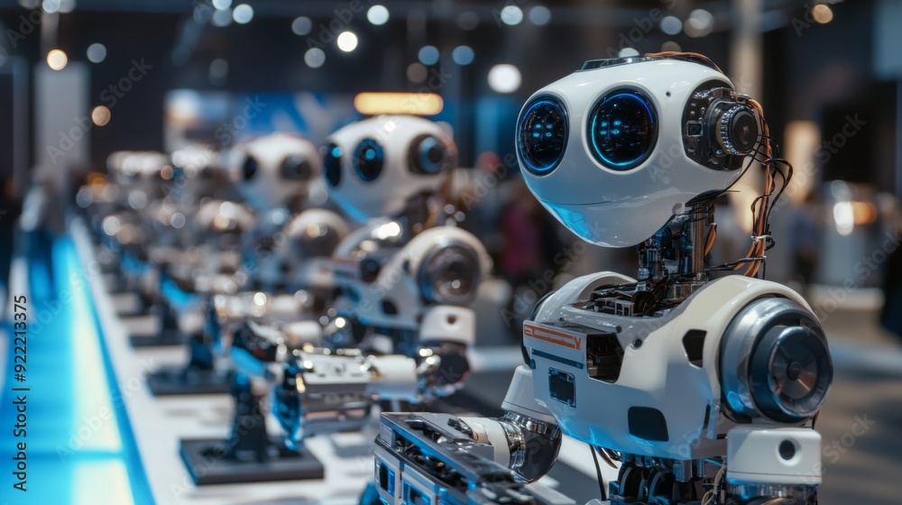 Poster A row of humanoid robots showcases advanced technology at a bustling science fair during the day.