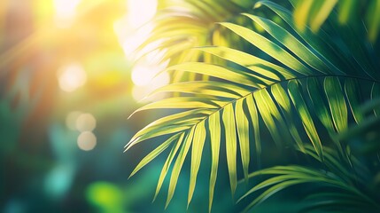 Obraz premium Vibrant palm leaves, macro photography, bright sunlight filtering through, translucent green foliage, crisp detail, overlapping fronds, natural patterns, high contrast, tropical aesthetic.