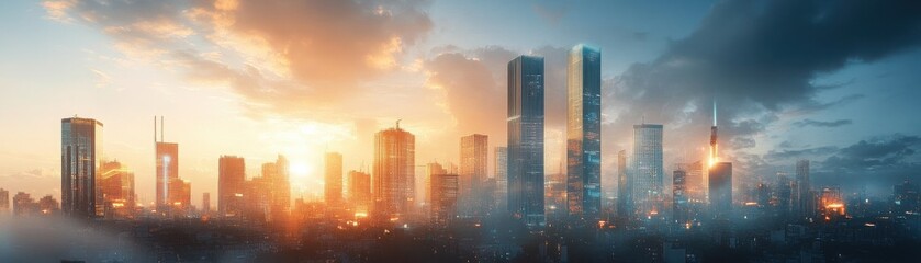 Fototapeta premium A stunning skyline at sunset, showcasing modern buildings and vibrant colors, perfect for urban and architectural themes.