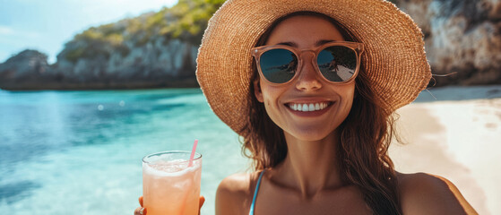 Solo travelling,  Smiling solo female traveler looking directly at the camera with a scenic beach on the horizon, wearing sunglasses and a sunhat, holding a drink in her hand,