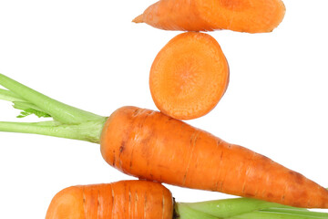 Whole and cut fresh carrots isolated on white