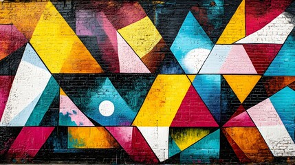 Fototapeta premium Vibrant street art mural, urban brick wall, bold primary colors, abstract geometric shapes, graffiti style, gritty texture, high contrast, wide-angle shot, photorealistic.