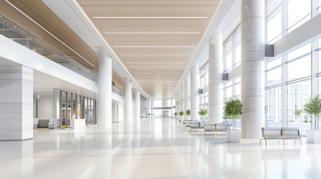 Medical Background,  Wide shot of a vacant hospital lobby, emphasizing contemporary architectural design with high ceilings and minimalistic decor. The scene includes empty waiting