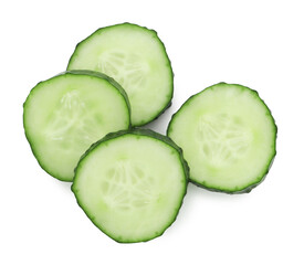 Fresh cut cucumber isolated on white, top view