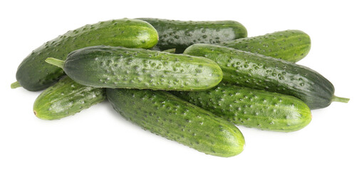 Pile of fresh cucumbers isolated on white, above view