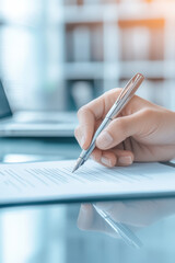 business success contract,  A detailed image of a hand clutching a stylish pen, about to sign a document that lays on a glass desk. Behind, an office environment with bookshelves