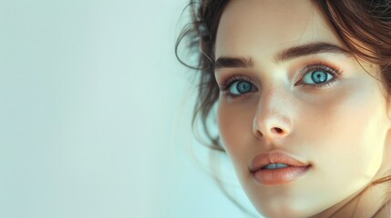 Fototapeta premium Elegant woman with a serene expression, exuding beauty. Ample copy space on the right side.