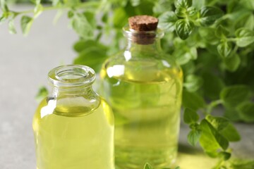 Essential oil in bottles and oregano twigs on light table, closeup