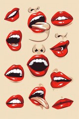 A collection of various lips in vibrant red hues, showcasing different expressions and actions against a soft beige background