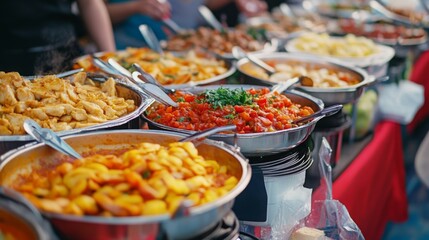 Obraz premium A vibrant display of various dishes is set out at the market, attracting hungry visitors with tempting aromas and colorful presentations.