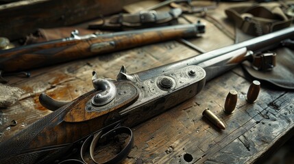 A dramatic close-up of a vintage shotgun, with worn wood and polished metal, resting on a rustic wooden table, surrounded by hunting gear and outdoor elements