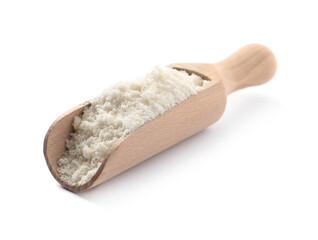 Fresh coconut flour in scoop isolated on white