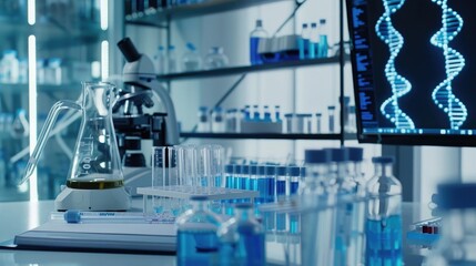 Close-up of a biotechnologist's desk with lab equipment and genetic samples, representing a job in biotechnology