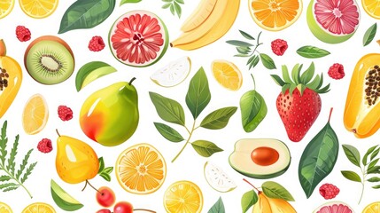 Fresh and bright seamless pattern of assorted fruits and leaves.