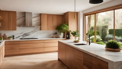 "Step into a stunning kitchen, with sleek marble countertops and warm wooden cabinets, bathed in natural light from the large windows overlooking a lush garden."