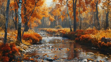 beautiful autumn landscape scene with a small river