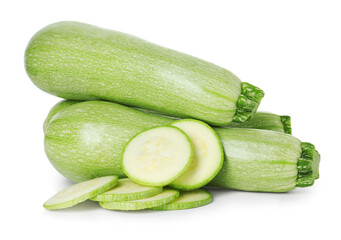 Fresh whole and cut zucchinis isolated on white