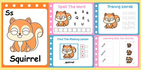 worksheets pack for kids a cute squirrel vector.