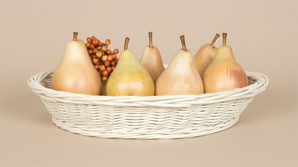 A rustic basket filled with autumn fruits featuring apples, pears, and vibrant rowan berries set...