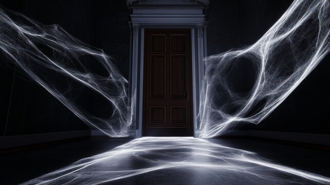 Haunted house entrance, holographic cobwebs, spectral figures floating, old-world design, digital horror elements