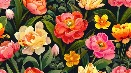 Fototapeta premium Fresh seamless pattern of spring flowers in bloom.