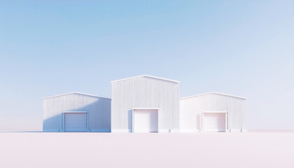 Minimalist industrial buildings under a clear blue sky, showcasing modern architecture and simplicity in design.