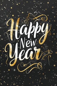 Happy New Year celebration phrase with gold decorations on a dark vertical background