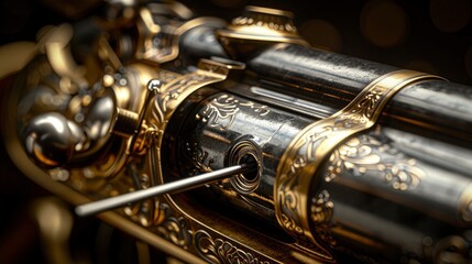 Naklejka premium A close-up of a gunâ€™s barrel with a cleaning rod inserted, highlighting the maintenance process and the intricate details of the firearmâ€™s construction