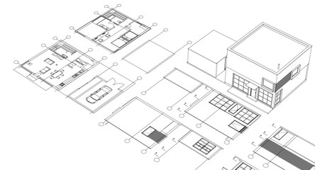 house architectural project sketch 3d illustration	

