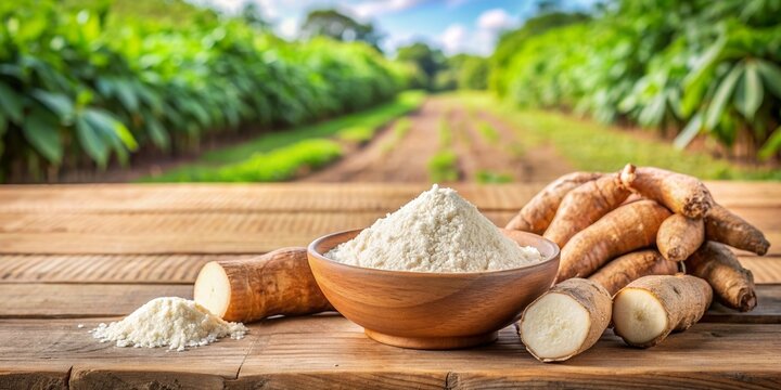 Cassava flour with fresh cassava roots in the background on a farm, cassava, flour, food, agriculture, root, farm, crop