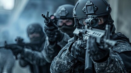 A dramatic action scene of a tactical team using a variety of firearms in a coordinated exercise, with a focus on the equipment and teamwork involved