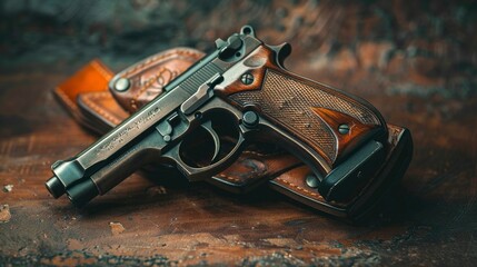 Obraz premium A high-resolution shot of a concealed carry pistol inside a leather holster, with a focus on the craftsmanship of the holster and the sleek design of the firearm