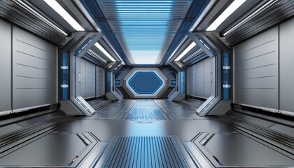 Obraz premium Spaceship hallway and secret basement corridor interior with blue and silver grey color background. Modern technology and astrology science concept. 3D illustration rendering graphic design