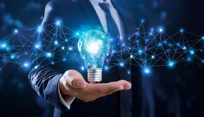 Glowing illuminated blue lightbulb in businessman hand with network connection line. Innovative idea and inspiration concept. Business man in suit holding creativity bulbs shining and glittering.
