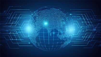 Futuristic blue earth abstract technology background. Artificial intelligence digital transformation and big data concept. Business quantum internet network communication concept.  illustration