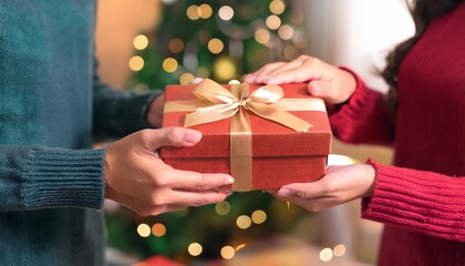 Closeup of hands giving gift box in Christmas day and new year festival to each other. Holiday and event. Surprising giftbox in dating on end year party. People lifestyle and object concept.