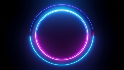 Round circle picture frame with blue tone neon color shade motion graphic on isolated black background. Blue and pink light moving for overlay element. 3D illustration rendering. Empty space in middle