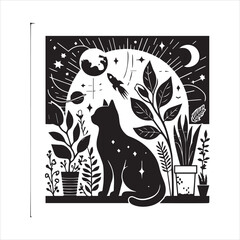 A cat and a plant in an illustrated frame  silhouette vector with white background
