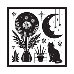 A cat and a plant in an illustrated frame  silhouette vector with white background
