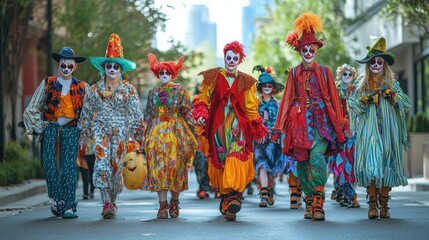  people dressed in various colorful Halloween costumes. Walking in a row during the daytime.