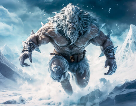 Le guerrier du Nord, un barbare massif et mena&ccedil;ant qui nous fonce dessus ! Froid polaire, neige, glace, image tr&egrave;s dynamique, bleut&eacute;e, effrayante