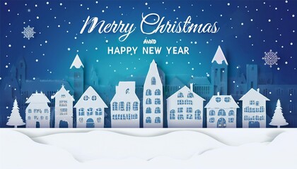 Merry Christmas and Happy New Year of snowy home town with typography font message. Blue Paper art and digital craft Illustration celebrate invitation wallpaper card. Holiday winter. 4K footage video
