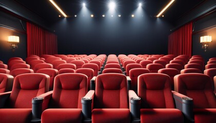 Rows of red velvet seats watching movies in the cinema with copy space banner background. Entertainment and Theater concept. 3D illustration rendering