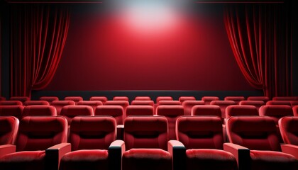 Fototapeta premium Rows of red velvet seats watching movies in the cinema with copy space banner background. Entertainment and Theater concept. 3D illustration rendering