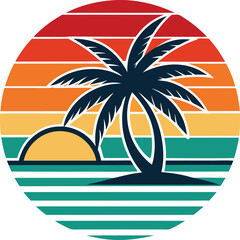 Obraz premium tropical island with palm trees White background t-shirt artwork minimal sunset design 