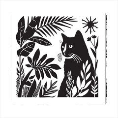 A cat and a plant in an illustrated frame  silhouette vector with white background