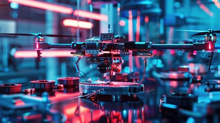 Close-up of a futuristic drone assembly process with high precision tools and robotic arms, in a neon-lit, ultra-modern manufacturing environment