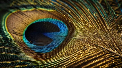 Fototapeta premium Close-up of a peacock feather with gold accents , peacock, feather, close-up, gold, luxurious, elegant, nature, beautiful