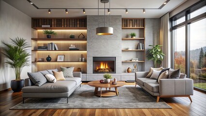 Modern living room featuring a cozy fireplace , home decor, interior design, contemporary, stylish, comfortable, relaxation
